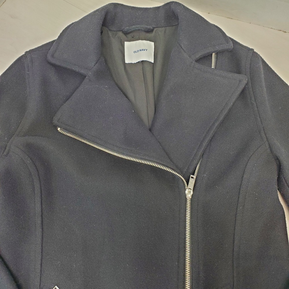 Old Navy Girls Black Wool Blend Zip Moto Coat Jacket Size S P Peacoat Edgy Biker